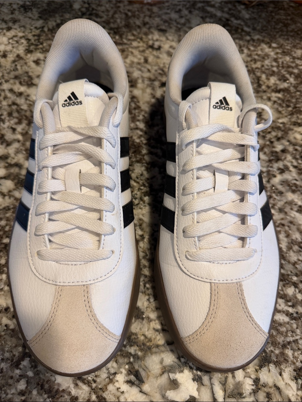 adidas White Sneakers with Black Stripes and Tan Accents